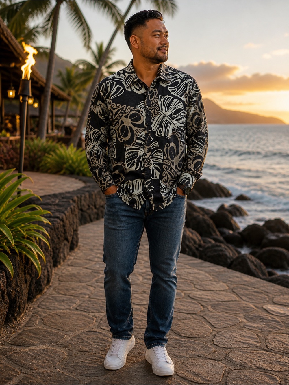 Hinano Tahiti cotton/linen Classic Black & Cream Tropical long sleeve shirt